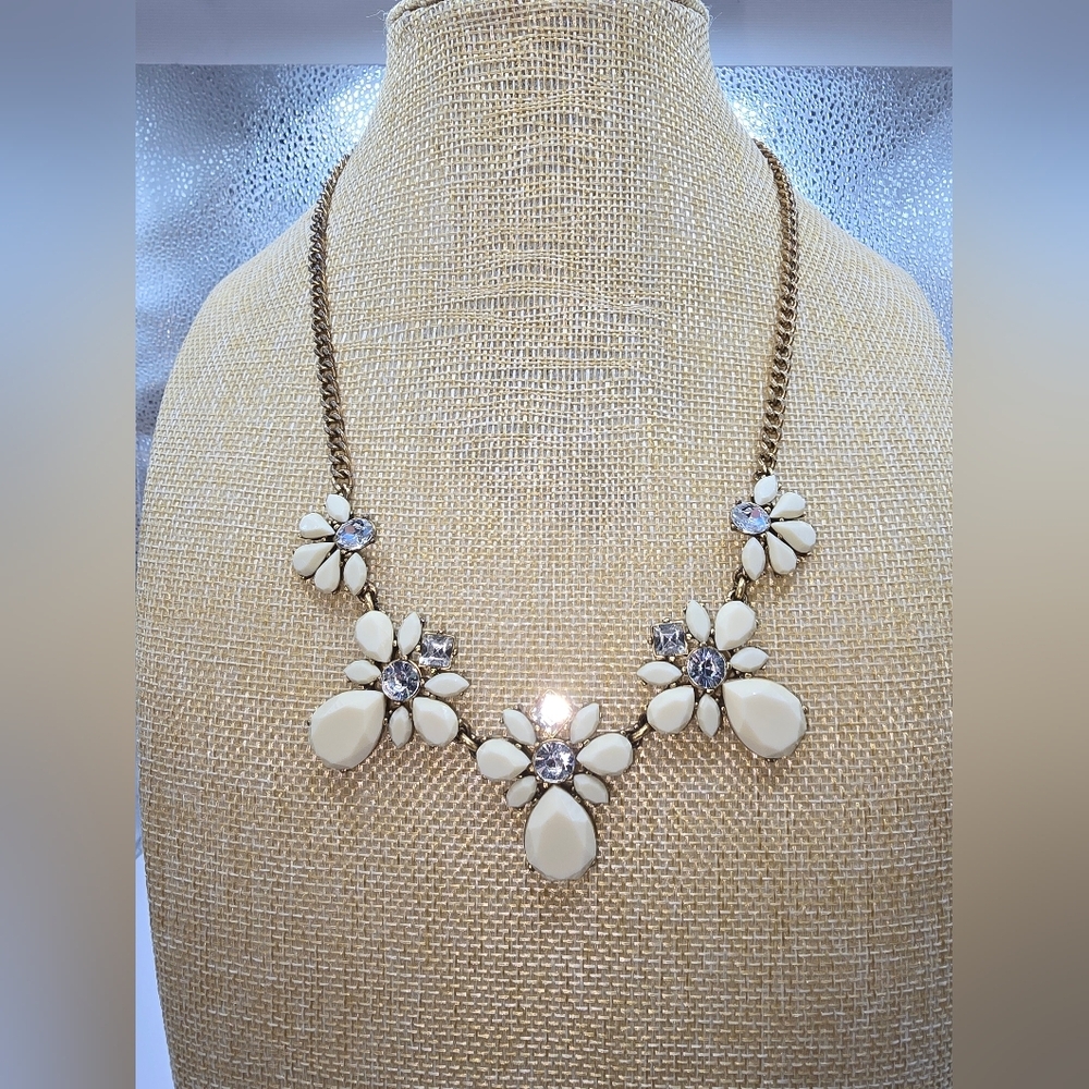 J. Crew Rhinestone & Ivory Acrylic Faceted Fashion Statement Necklace
